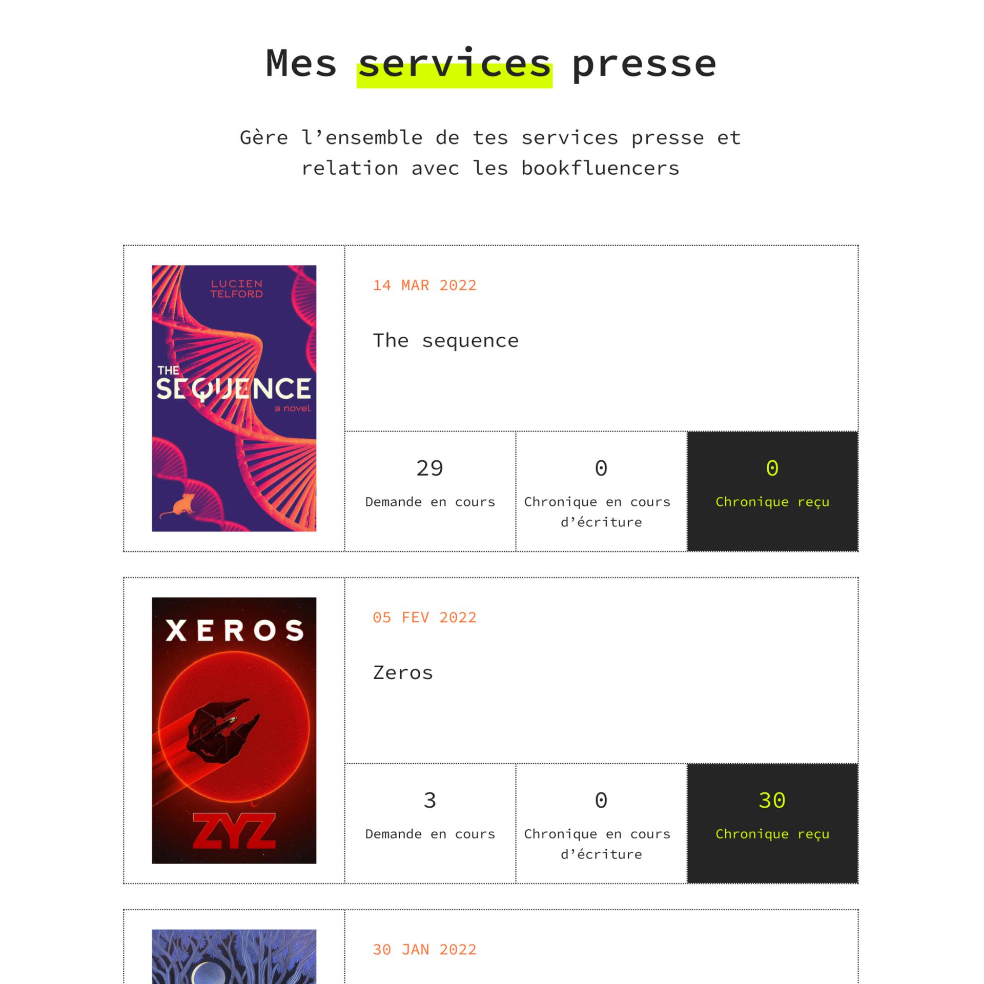 capture d'écran de la page 'mes services press'